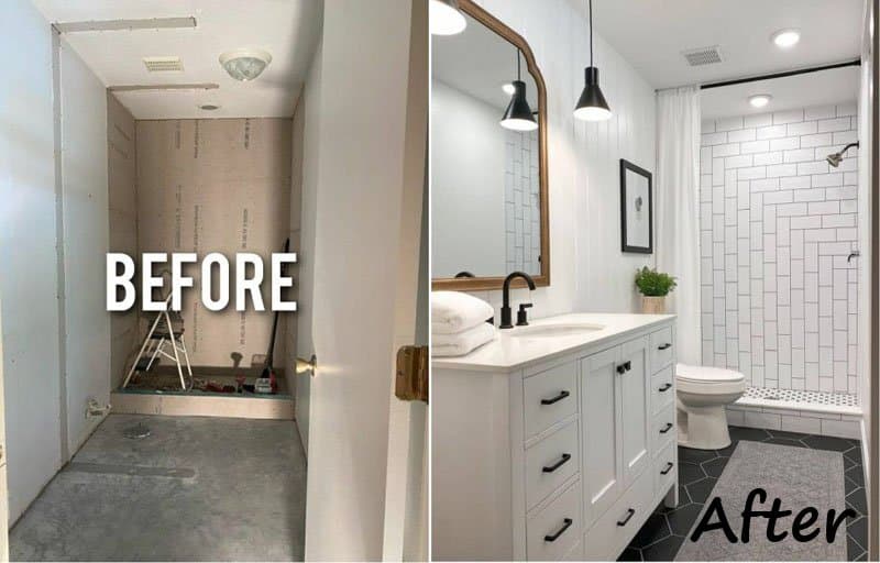 Before and after: a gutted bathroom transformed into a bright, safe finished bathroom.